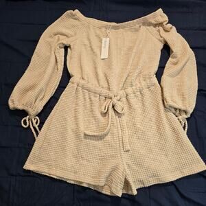 NWT Bluivy Waffle Knit Off-the-shoulder Romper with Drawstring Sleeve Size M